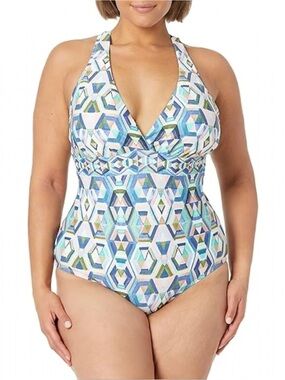 La Blanca Riviera One Piece Swimsuit Plus Size 20W Blue Geo Print Cross Back